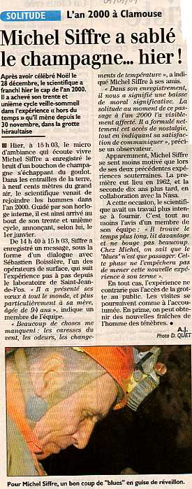 Siffre trinque au champagne. :ARTICLE DANS UNE ETROITURE / PATIENCE, IL ARRIVE...